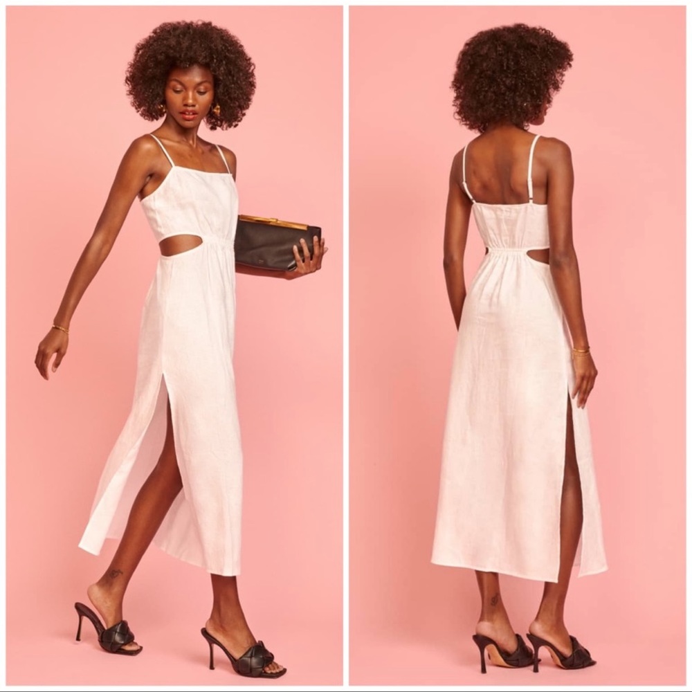 Reformation white linen Midi Dress with Side Cutouts